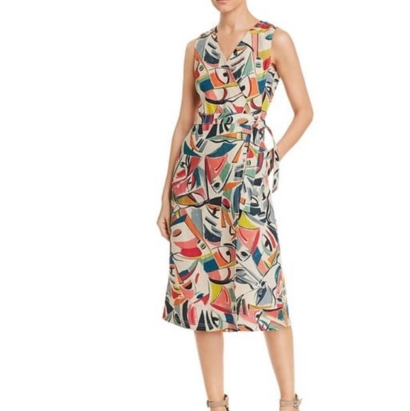 Lafayette 148 New York Pammie Abstract Linen Wrap Dress Size 10 - Picture 2 of 13